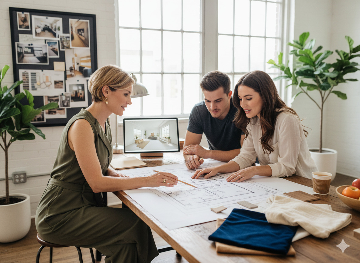 Interior design consultation meeting with color samples and plans